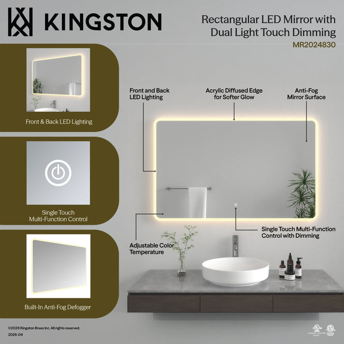 Kingston Aurora MR2024830 30-Inch x 48-Inch LED Bathroom Mirror, Front and Back Light, Anti-Fog, Dimmable Touch Sensor Lighted Mirror, Silver
