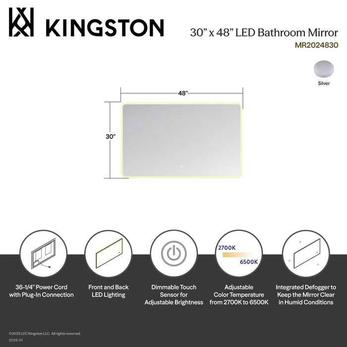 Kingston Aurora MR2024830 30-Inch x 48-Inch LED Bathroom Mirror, Front and Back Light, Anti-Fog, Dimmable Touch Sensor Lighted Mirror, Silver