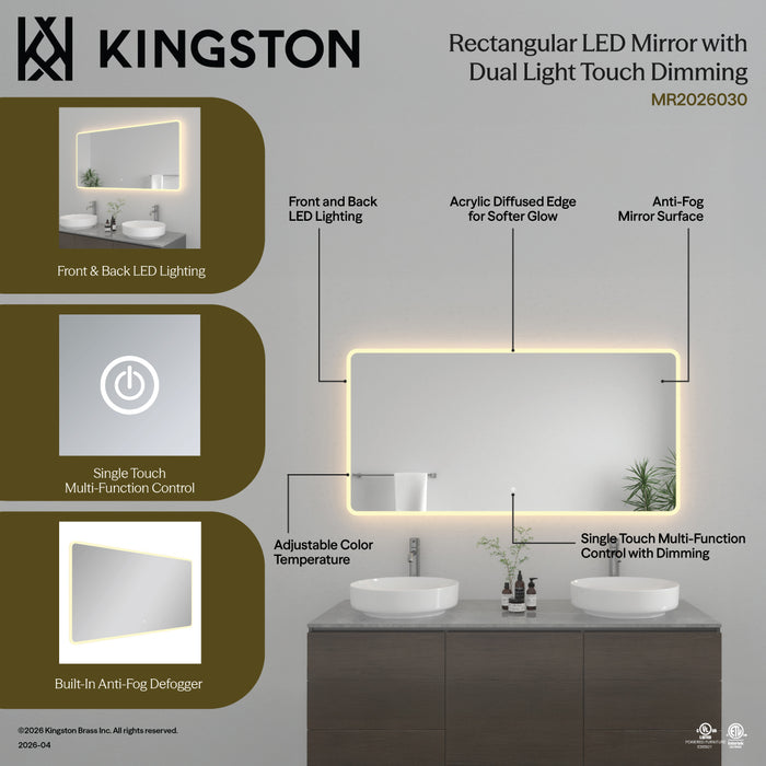 Kingston Aurora MR2026030 30-Inch x 60-Inch LED Bathroom Mirror, Front and Back Light, Anti-Fog, Dimmable Touch Sensor Lighted Mirror, Silver