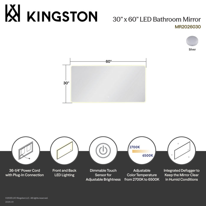 Kingston Aurora MR2026030 30-Inch x 60-Inch LED Bathroom Mirror, Front and Back Light, Anti-Fog, Dimmable Touch Sensor Lighted Mirror, Silver