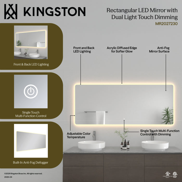 Kingston Aurora MR2027230 30-Inch x 72-Inch LED Bathroom Mirror, Front and Back Light, Anti-Fog, Dimmable Touch Sensor Lighted Mirror, Silver