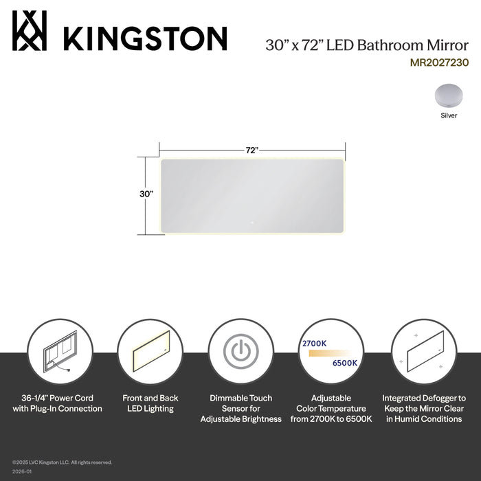 Kingston Aurora MR2027230 30-Inch x 72-Inch LED Bathroom Mirror, Front and Back Light, Anti-Fog, Dimmable Touch Sensor Lighted Mirror, Silver