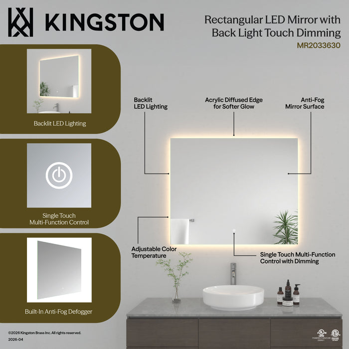 Kingston Aurora MR2033630 30-Inch x 36-Inch LED Bathroom Mirror, Back Light, Anti-Fog, Dimmable Touch Sensor Lighted Mirror, Silver