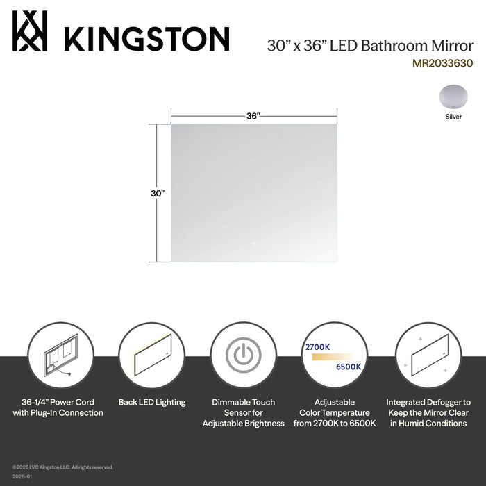 Kingston Aurora MR2033630 30-Inch x 36-Inch LED Bathroom Mirror, Back Light, Anti-Fog, Dimmable Touch Sensor Lighted Mirror, Silver