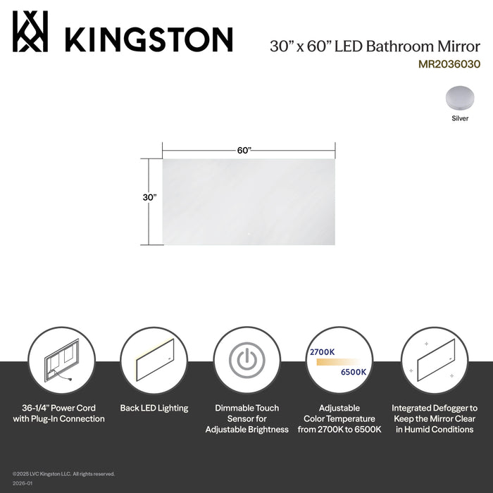 Kingston Aurora MR2036030 30-Inch x 60-Inch LED Bathroom Mirror, Back Light, Anti-Fog, Dimmable Touch Sensor Lighted Mirror, Silver