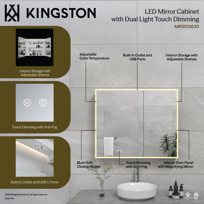 Kingston Astra MR3013630 30-Inch x 36-Inch LED Bathroom Mirror Medicine Cabinet, Anti-Fog, Dimmable Touch Sensor Lighted Mirror, Silver/Matte Black