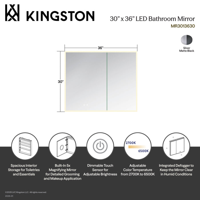Kingston Astra MR3013630 30-Inch x 36-Inch LED Bathroom Mirror Medicine Cabinet, Anti-Fog, Dimmable Touch Sensor Lighted Mirror, Silver/Matte Black