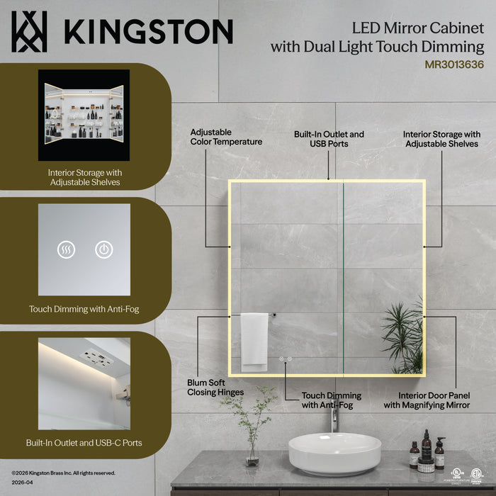 Kingston Astra MR3013636 36-Inch x 36-Inch LED Bathroom Mirror Medicine Cabinet, Anti-Fog, Dimmable Touch Sensor Lighted Mirror, Silver/Matte Black