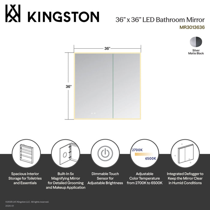 Kingston Astra MR3013636 36-Inch x 36-Inch LED Bathroom Mirror Medicine Cabinet, Anti-Fog, Dimmable Touch Sensor Lighted Mirror, Silver/Matte Black