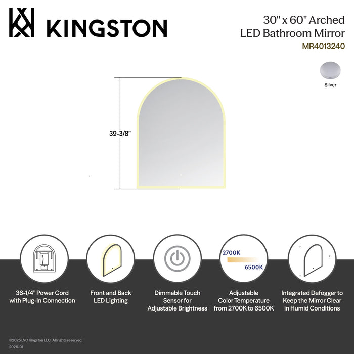 Kingston Sona MR4013240 - Aurora 30-Inch x 60-Inch Arched LED Bathroom Mirror, Front and Back Light, Anti-Fog, Dimmable Touch Sensor Lighted Mirror, Silver