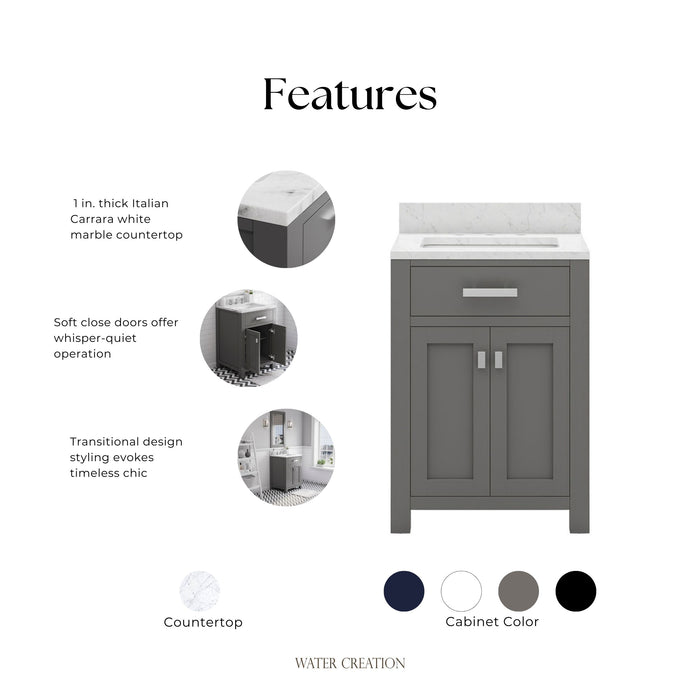Kingston Madison MS24CW01CG - 24 in. x 21 in. Bathroom Vanity Marble Top in Carrara White, Cashmere Grey