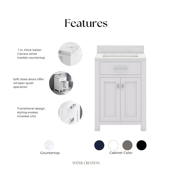 Kingston Madison MS24CW01PW - 24 in. x 21.5 in. Bathroom Vanity Marble Top in Carrara White, Modern White