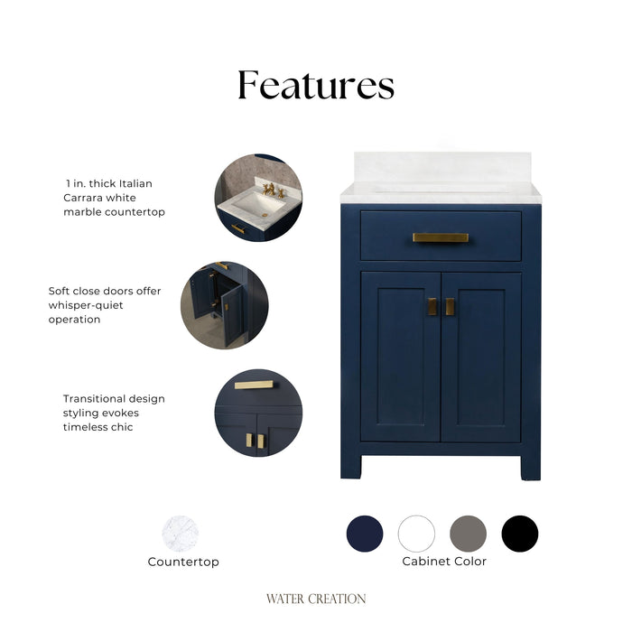 Kingston Madison MS24CW06MB - 24 in. x 21.5 in. Bathroom Vanity Marble Top in Carrara White and White Basin, Monarch Blue