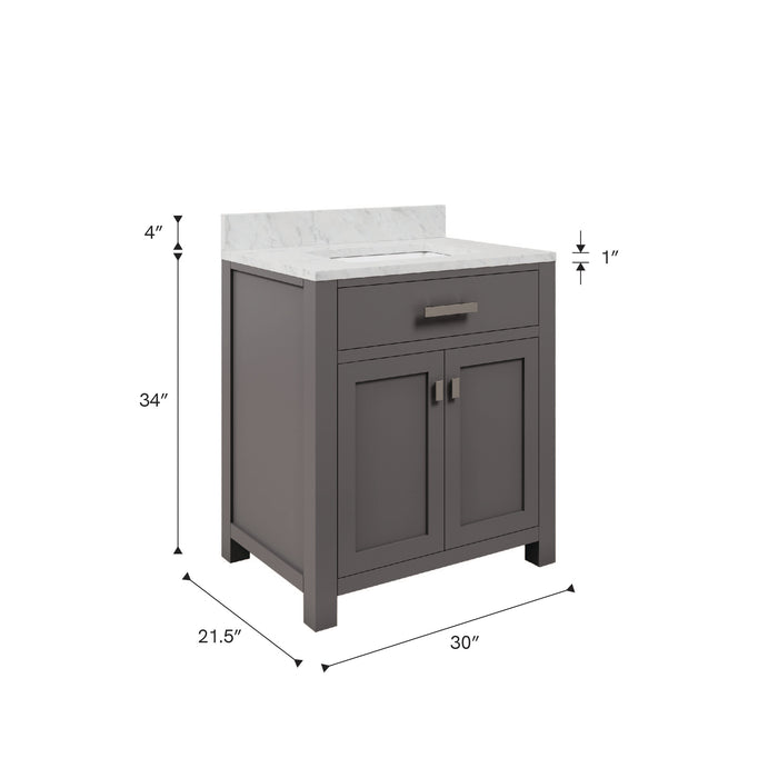 Kingston Madison MS30CW01CG - 30 in. x 21 in. Bathroom Vanity Marble Top in Carrara White, Cashmere Grey