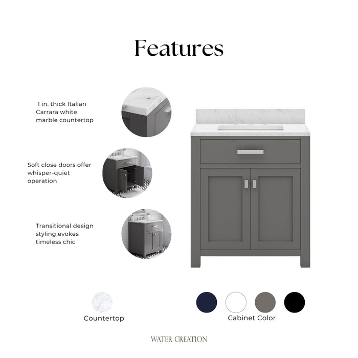 Kingston Madison MS30CW01CG - 30 in. x 21 in. Bathroom Vanity Marble Top in Carrara White, Cashmere Grey