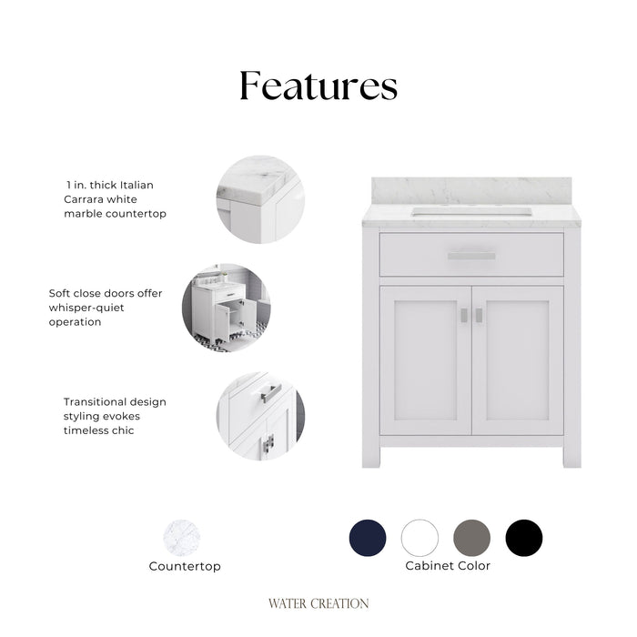 Kingston Madison MS30CW01PW - 30 in. x 21.5 in Bathroom Vanity Marble Top in Carrara White, Modern White