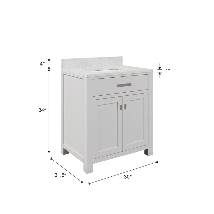 Kingston Madison MS30CW01PW - 30 in. x 21.5 in Bathroom Vanity Marble Top in Carrara White, Modern White