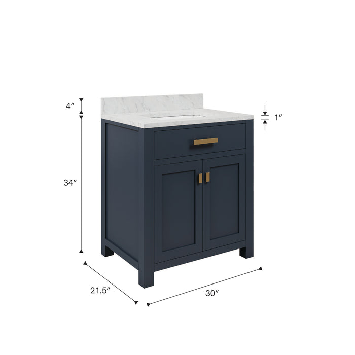 Kingston Madison MS30CW06MB - 30 in. x 21.5 in. Bathroom Vanity Marble Top in Carrara White and White Basin, Blue