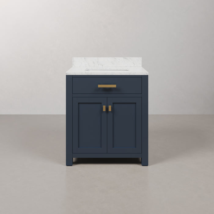 Kingston Madison MS30CW06MB - 30 in. x 21.5 in. Bathroom Vanity Marble Top in Carrara White and White Basin, Blue