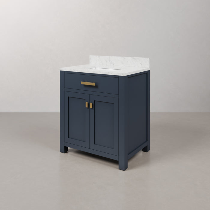 Kingston Madison MS30CW06MB - 30 in. x 21.5 in. Bathroom Vanity Marble Top in Carrara White and White Basin, Blue