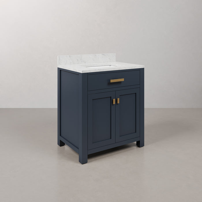 Kingston Madison MS30CW06MB - 30 in. x 21.5 in. Bathroom Vanity Marble Top in Carrara White and White Basin, Blue