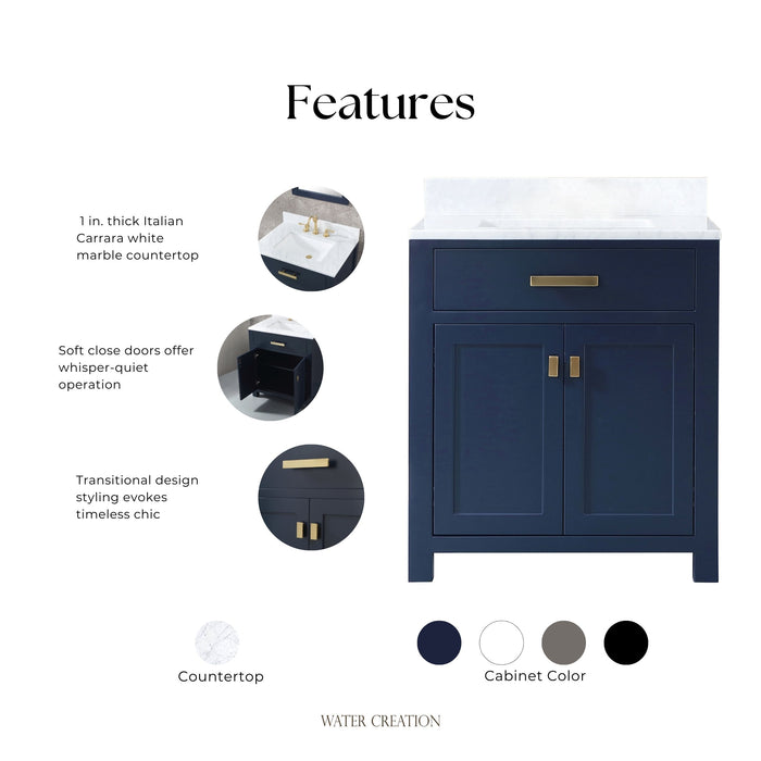 Kingston Madison MS30CW06MB - 30 in. x 21.5 in. Bathroom Vanity Marble Top in Carrara White and White Basin, Blue