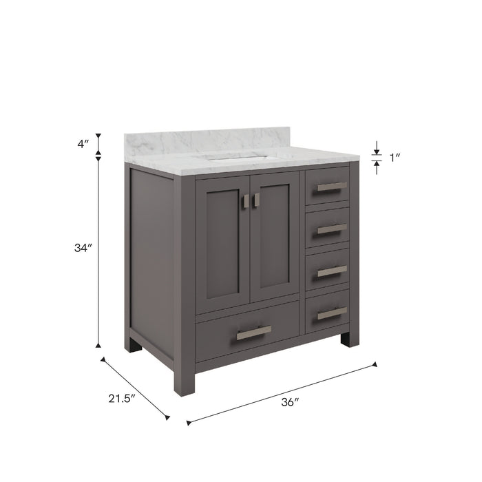 Kingston Madison MS36CW01CG - 36 in. x 21.5 in. Bathroom Vanity Marble Top in Carrara White and White Basin, Gray