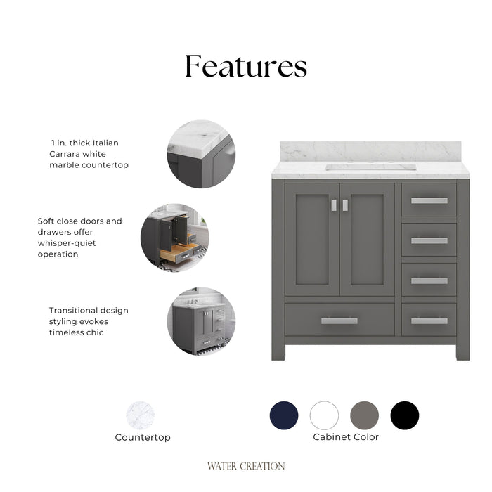 Kingston Madison MS36CW01CG - 36 in. x 21.5 in. Bathroom Vanity Marble Top in Carrara White and White Basin, Gray