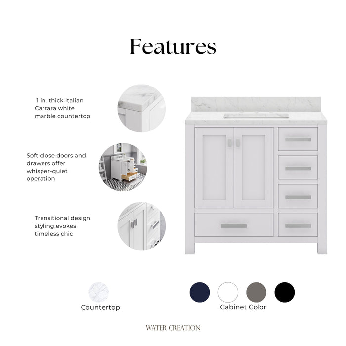 Kingston Madison MS36CW01PW - 36 in. x 21.5 in. Bathroom Vanity Marble Top in Carrara White and White Basin, White