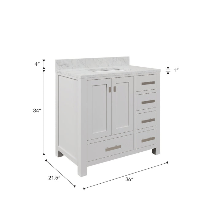 Kingston Madison MS36CW01PW - 36 in. x 21.5 in. Bathroom Vanity Marble Top in Carrara White and White Basin, White