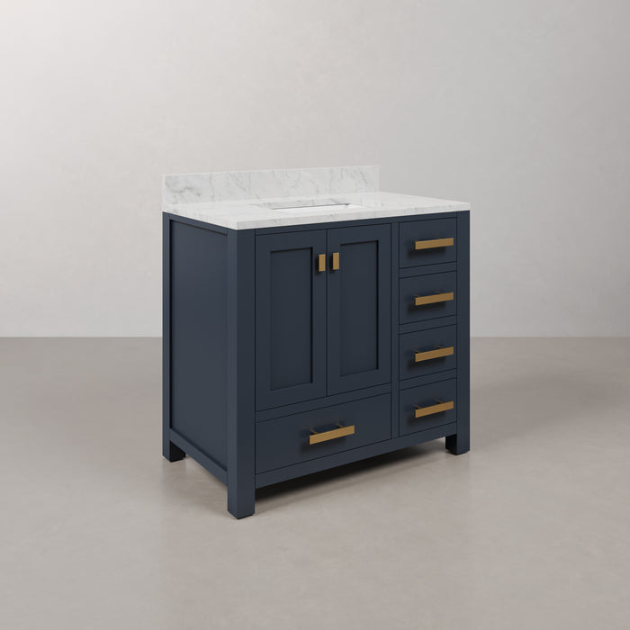 Kingston Madison MS36CW06MB - 36 in. x 21.5 in. Bathroom Vanity Marble Top in Carrara White and White Basin, Monarch Blue