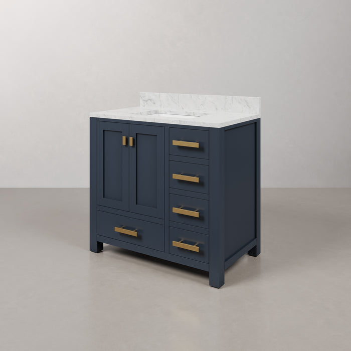 Kingston Madison MS36CW06MB - 36 in. x 21.5 in. Bathroom Vanity Marble Top in Carrara White and White Basin, Monarch Blue