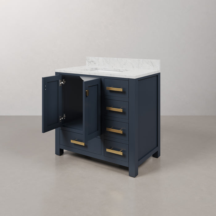 Kingston Madison MS36CW06MB - 36 in. x 21.5 in. Bathroom Vanity Marble Top in Carrara White and White Basin, Monarch Blue