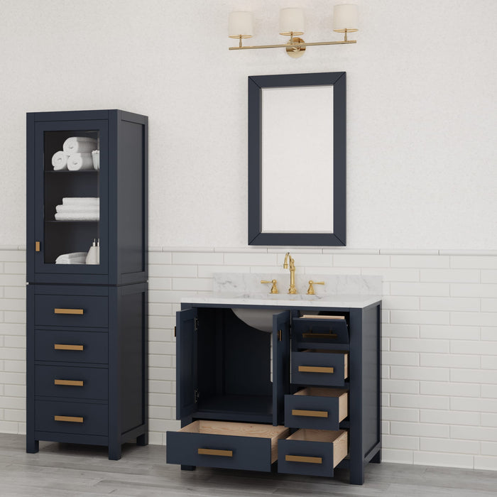 Kingston Madison MS36CW06MB - 36 in. x 21.5 in. Bathroom Vanity Marble Top in Carrara White and White Basin, Monarch Blue