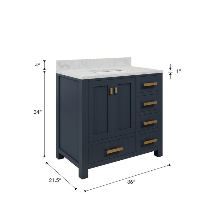 Kingston Madison MS36CW06MB - 36 in. x 21.5 in. Bathroom Vanity Marble Top in Carrara White and White Basin, Monarch Blue