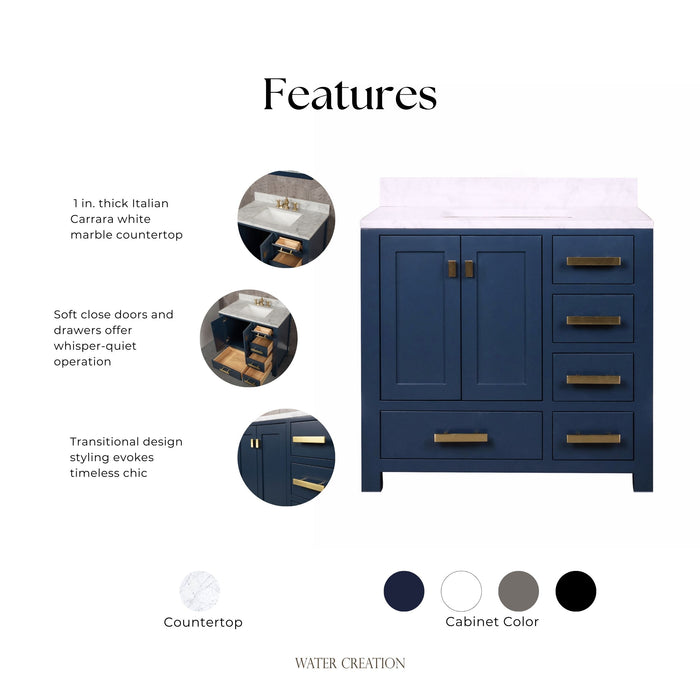 Kingston Madison MS36CW06MB - 36 in. x 21.5 in. Bathroom Vanity Marble Top in Carrara White and White Basin, Monarch Blue