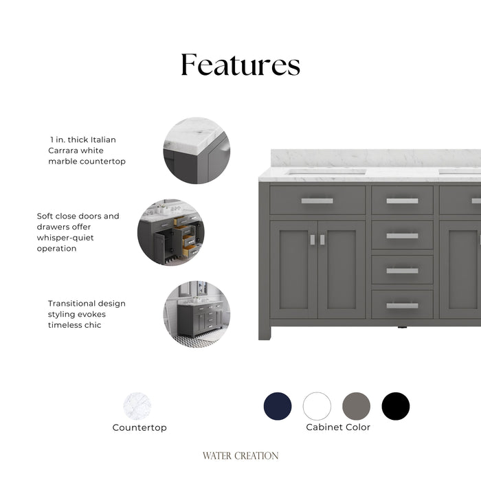 Kingston Madison MS60CW01CG - 60 in. x 21 in. Bathroom Vanity Marble Top in Carrara White, Cashmere Grey