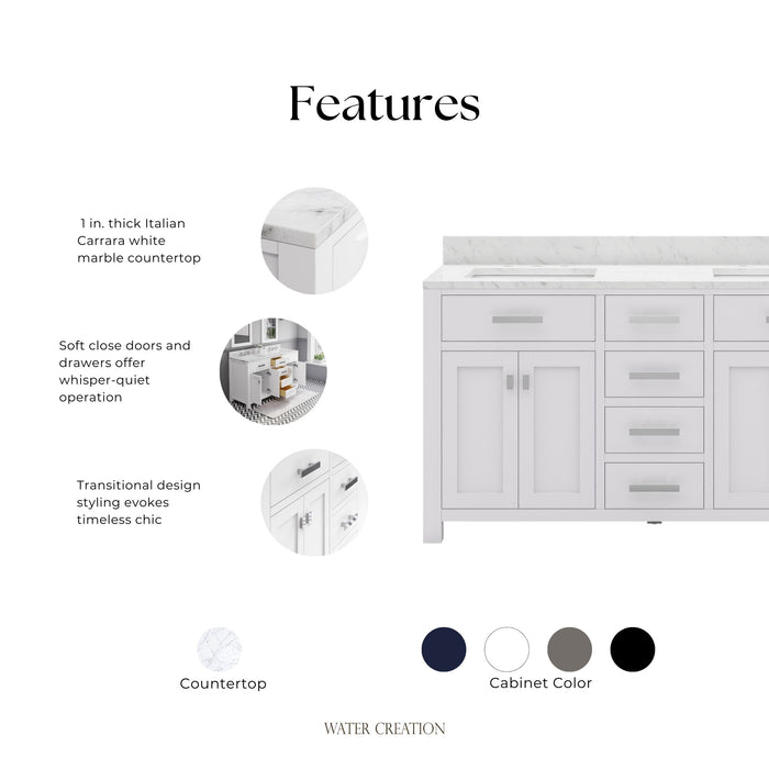 Kingston Madison MS60CW01PW - 60 in. x 21.5 in Bathroom Vanity Marble Top in Carrara White, Modern White