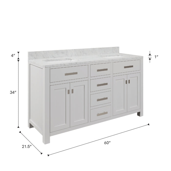 Kingston Madison MS60CW01PW - 60 in. x 21.5 in Bathroom Vanity Marble Top in Carrara White, Modern White