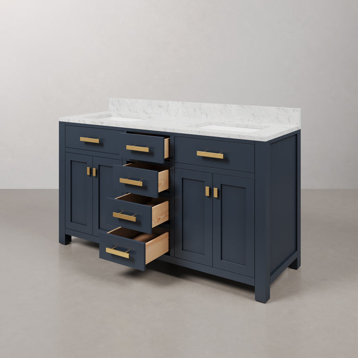 Kingston Madison MS60CW06MB - 60 in. x 21.5 in. Bathroom Vanity Marble Top in Carrara White and White Basin, Monarch Blue