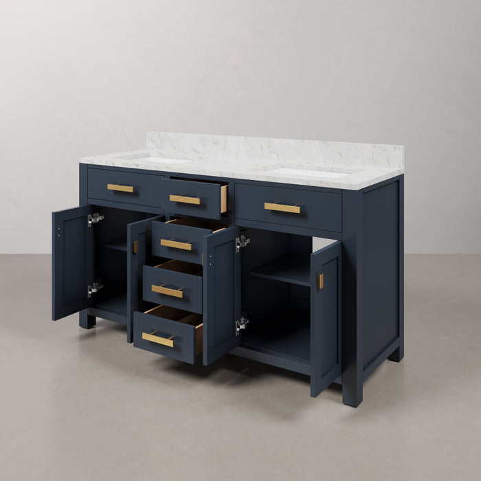 Kingston Madison MS60CW06MB - 60 in. x 21.5 in. Bathroom Vanity Marble Top in Carrara White and White Basin, Monarch Blue