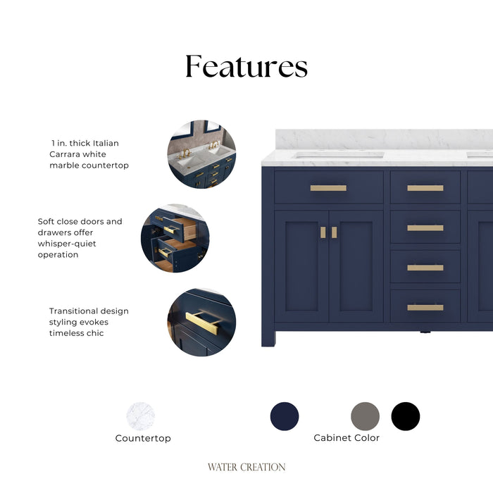 Kingston Madison MS60CW06MB - 60 in. x 21.5 in. Bathroom Vanity Marble Top in Carrara White and White Basin, Monarch Blue