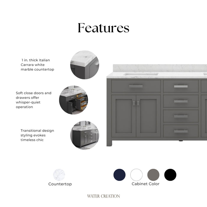 Kingston Madison MS72CW01CG - 72 in. x 21 in. Bathroom Vanity Marble Top in Carrara White, Cashmere Grey