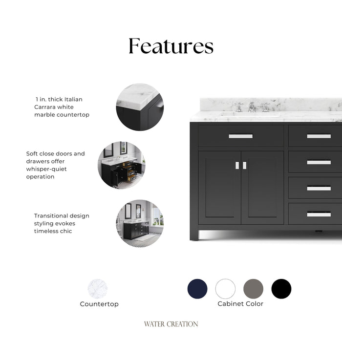 Kingston Madison MS72CW01ES - 72 in. x 21.5 in. Bathroom Vanity Double Sink with Carrara White Marble Top, Espresso