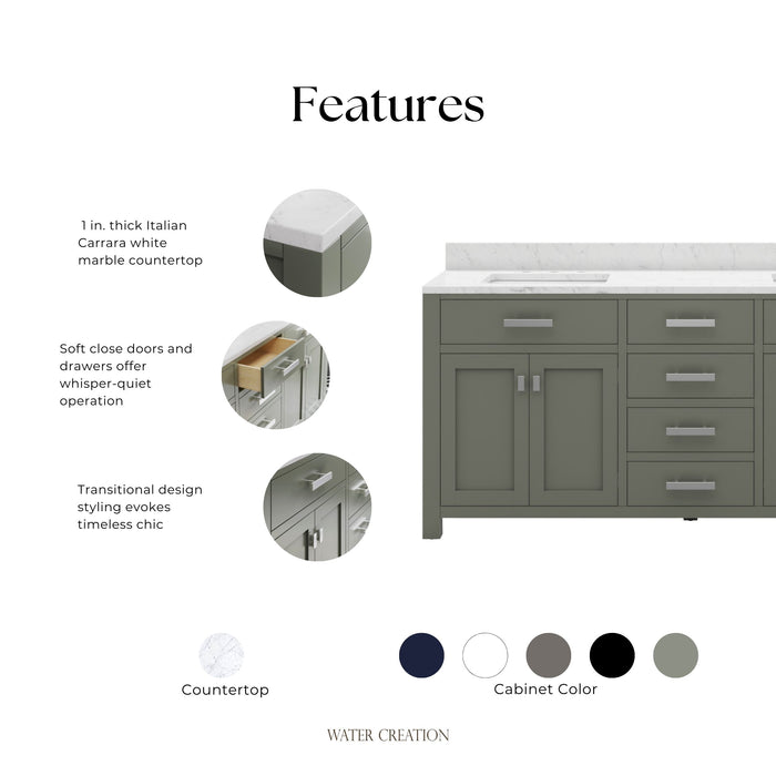 Kingston Madison MS72CW01GN - 72 in. x 21.5 in. Bathroom Vanity Marble Top and White Basin, Glacial Green