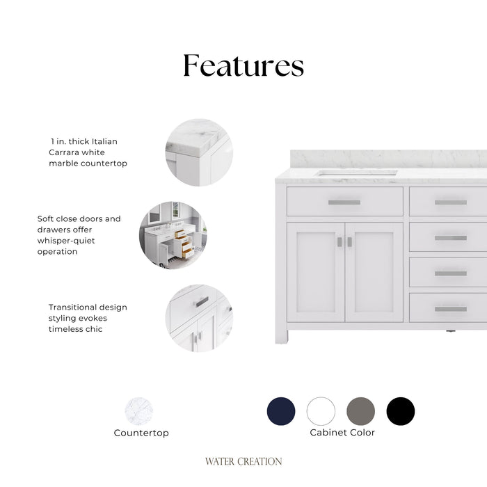 Kingston Madison MS72CW01PW - 72 in. x 21.5 in. Bathroom Vanity Marble Top in Carrara White, Modern White