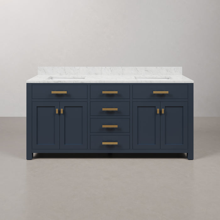 Kingston Madison MS72CW06MB - 72 in. x 21.5 in. Bathroom Vanity Carrara White Marble Top and White Basins, Monarch Blue