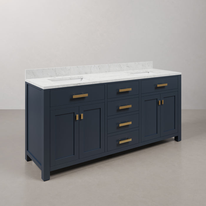 Kingston Madison MS72CW06MB - 72 in. x 21.5 in. Bathroom Vanity Carrara White Marble Top and White Basins, Monarch Blue