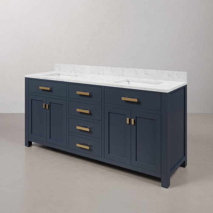 Kingston Madison MS72CW06MB - 72 in. x 21.5 in. Bathroom Vanity Carrara White Marble Top and White Basins, Monarch Blue