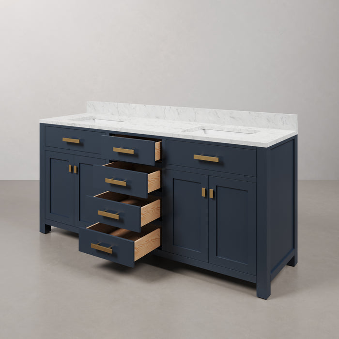 Kingston Madison MS72CW06MB - 72 in. x 21.5 in. Bathroom Vanity Carrara White Marble Top and White Basins, Monarch Blue